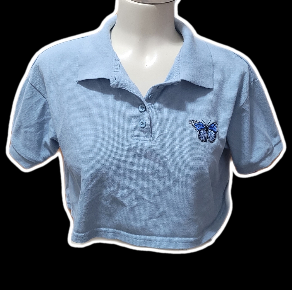 streetwear society baby blue cropped embroidered butterfly polo shirt♡‧₊˚